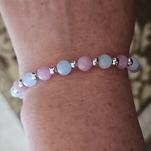 Aquamarine & pink opal silver beaded stretch bracelet